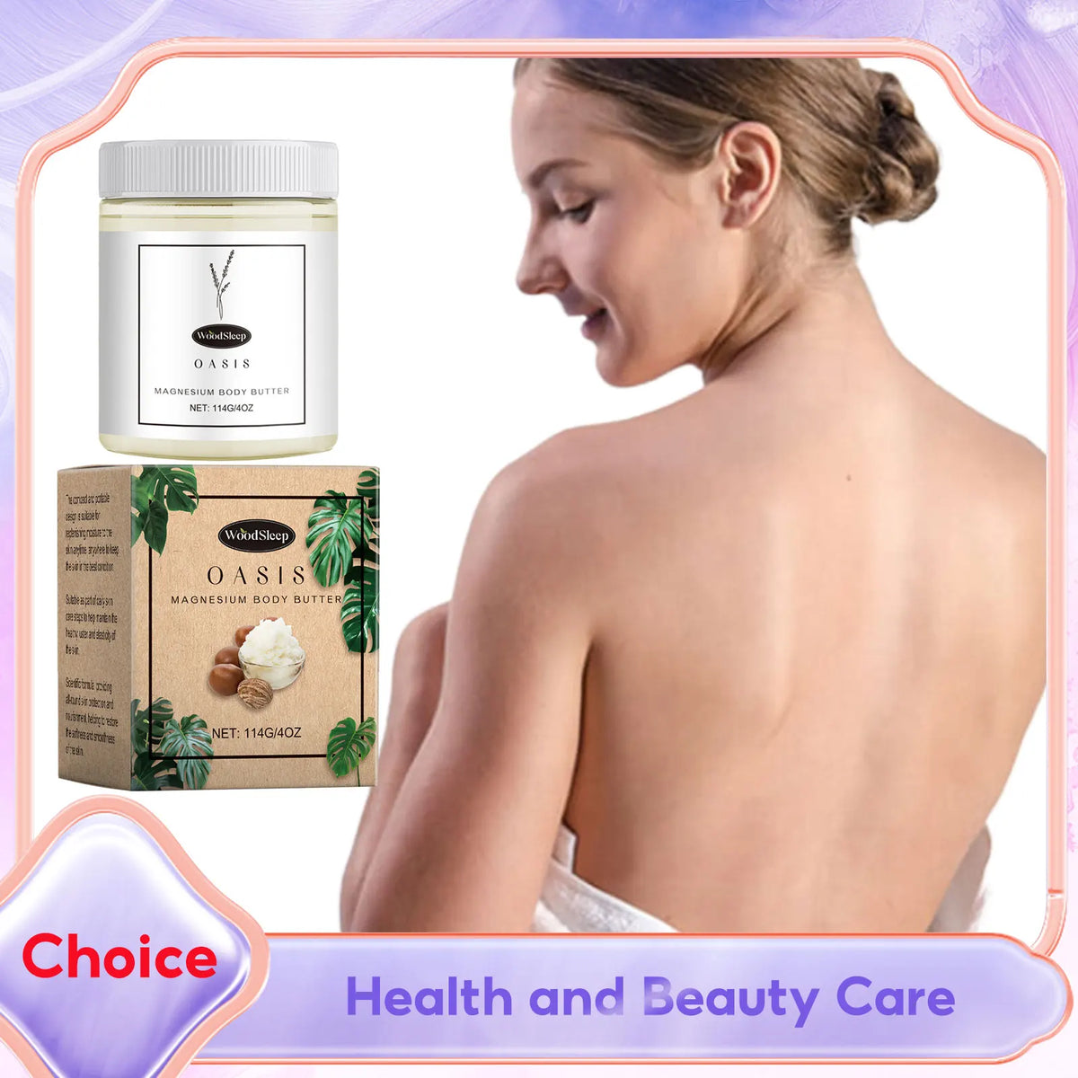 WoodSleep Oasis magnesium body butter jar with matching box beside a bare-back model on Tampa Home & Garden Store