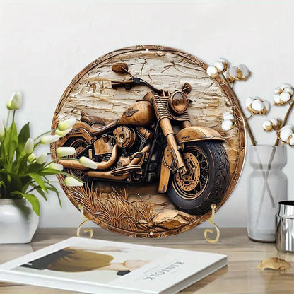 Round faux wooden carved painted motorcycle wreath sign by BikerZoneZ, rustic entrance decor on Tampa Home & Garden Store