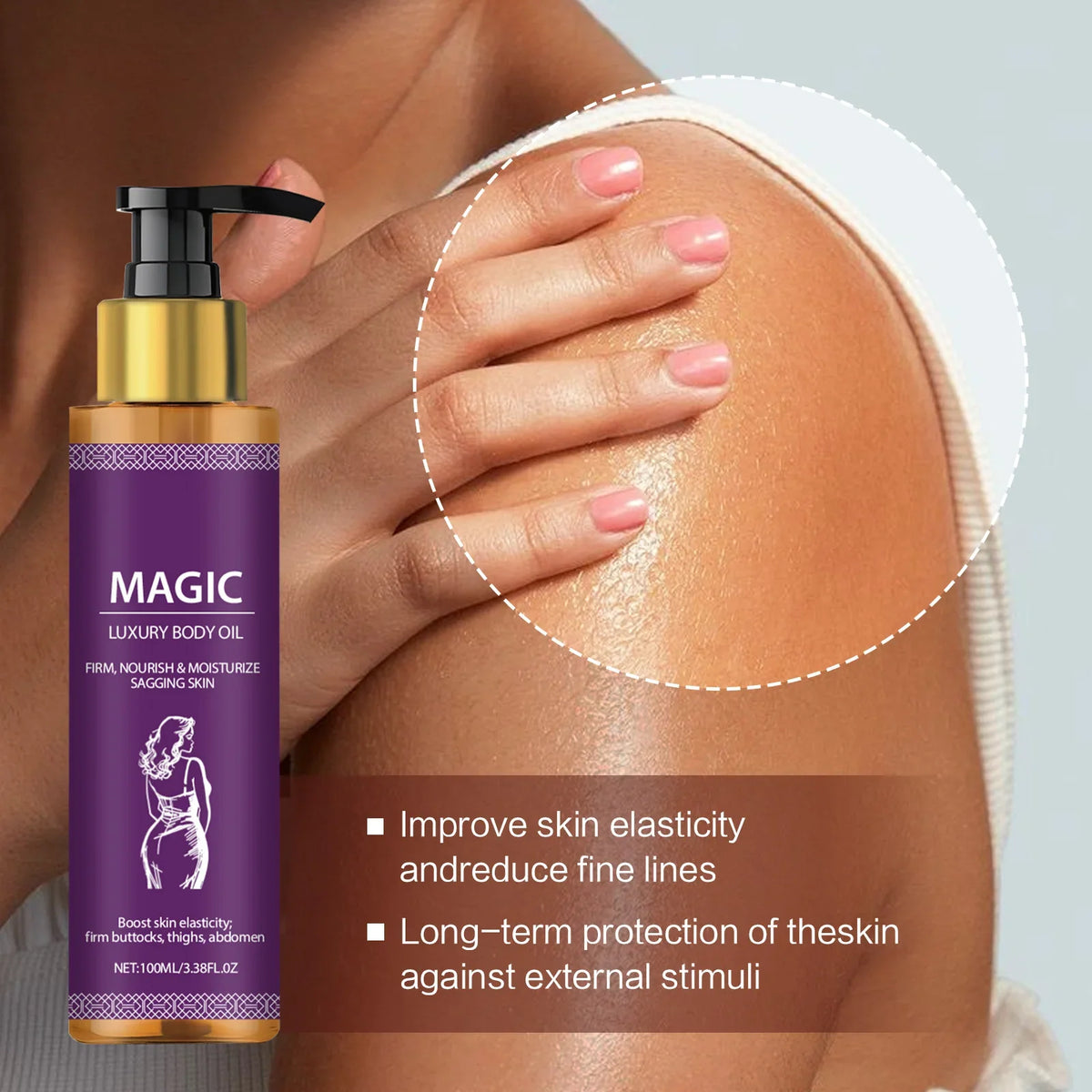 Magic Luxury Body Oil purple bottle with black pump on a model's shoulder skin on Tampa Home & Garden Store