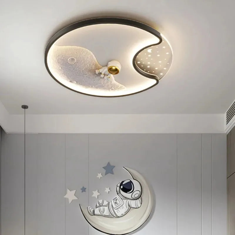 Decorbites Kids Astronaut LED Moon Light ceiling fixture with crescent moon art in bedroom on Tampa Home & Garden Store