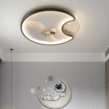 Decorbites Kids Astronaut LED Moon Light ceiling fixture with crescent moon art in bedroom on Tampa Home & Garden Store