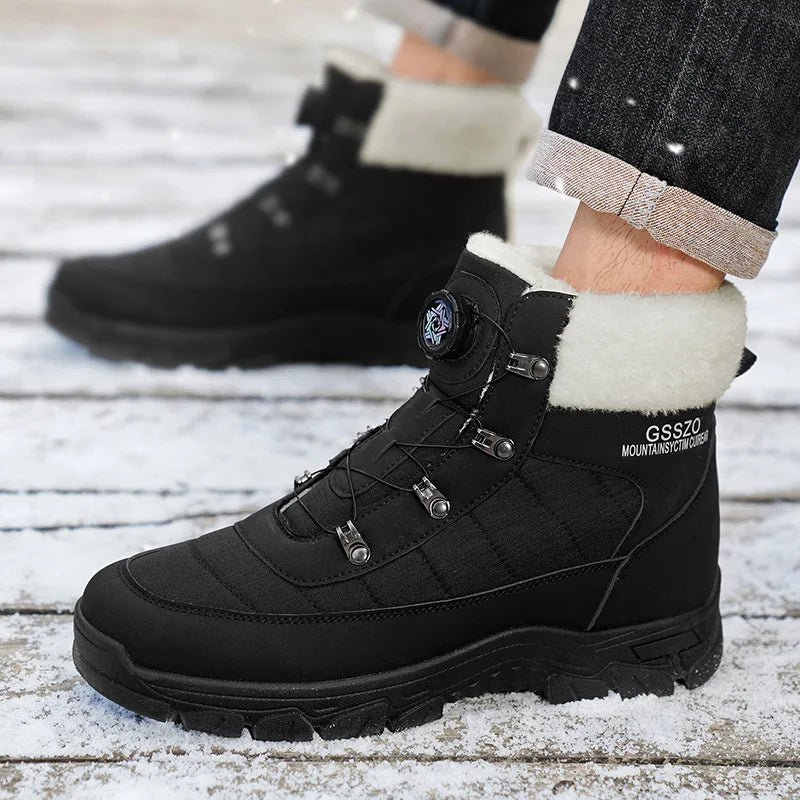 Mens Winter Snow Boots black with white fur collar GSZO branding, rugged outdoor sole on Tampa Home & Garden Store