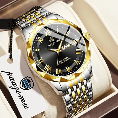 Men's minimalist quartz watch, two-tone steel, black dial, Roman numerals, water resistant on Tampa Home & Garden Store