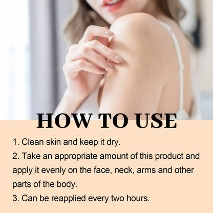 Silcy Skin Facial Body Sunscreen SPF100 sunblock on a woman's shoulder in bright light on Tampa Home & Garden Store