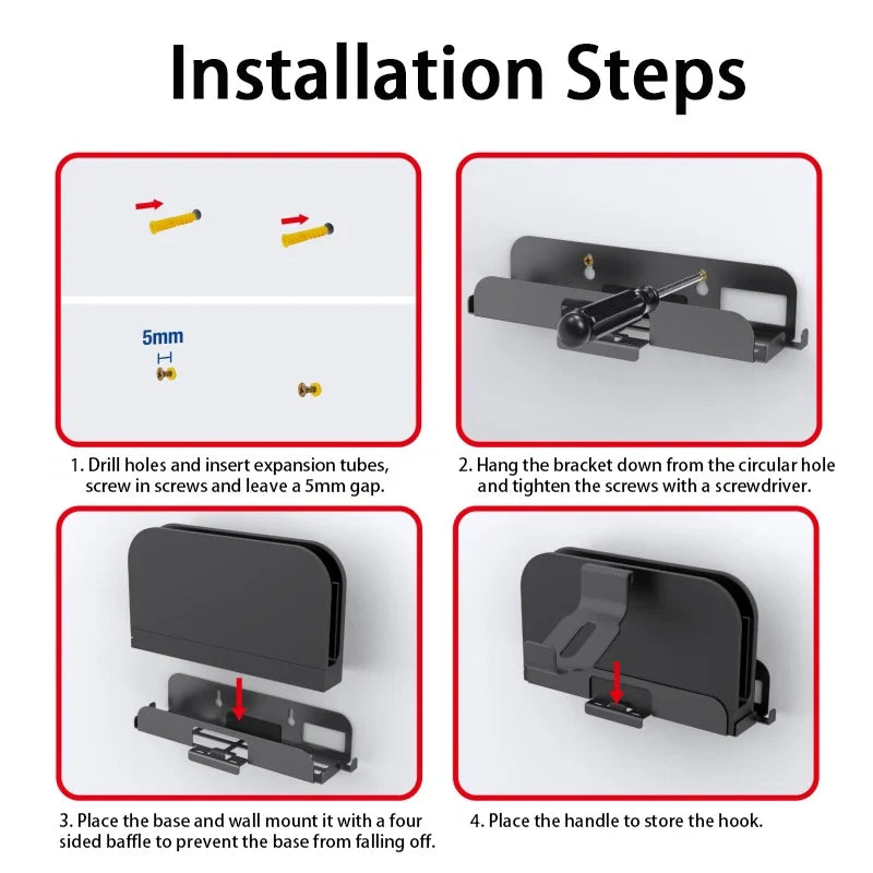 FLIPSTYLEZLLC Switch 2 wall mount host stand, black bracket, four-panel install steps on Tampa Home & Garden Store