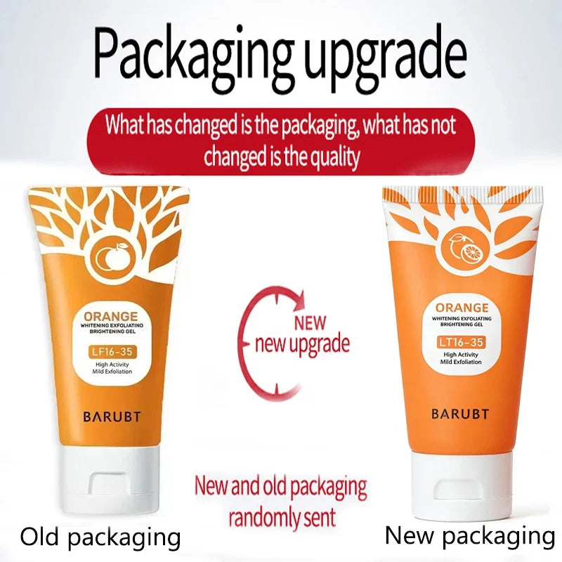 Two orange exfoliating gel tubes, 50g, old vs new Barubt packaging on Tampa Home & Garden Store