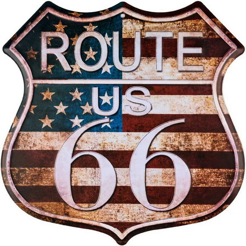 Route 66 shield metal tin sign poster with distressed American flag design on Tampa Home & Garden Store