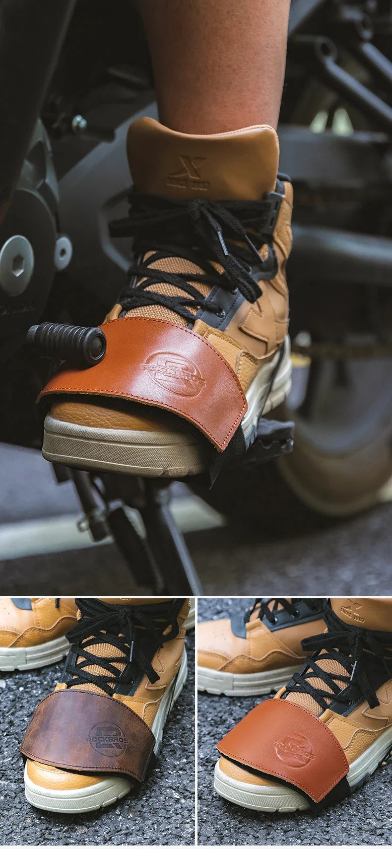 ROCKBROS leather motorcycle shift lever shoe cover on tan boot with brown toe strap and logo on Tampa Home & Garden Store
