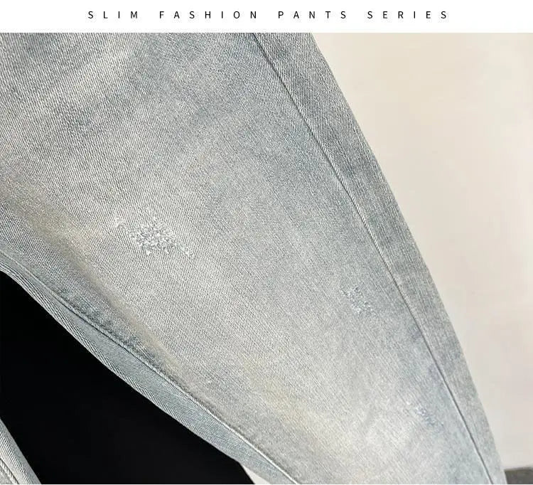 Men Skinny Jeans light wash denim, slim fit casual fashion, UpTrend Deals brand close-up fabric and seams on Tampa Home & Garden Store