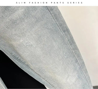 Men Skinny Jeans light wash denim, slim fit casual fashion, UpTrend Deals brand close-up fabric and seams on Tampa Home & Garden Store