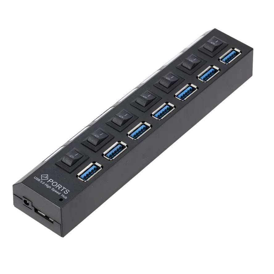 UpTrend Deals 7-Port USB 3.0 hub with power adapter, black with blue USB ports and switches on Tampa Home & Garden Store