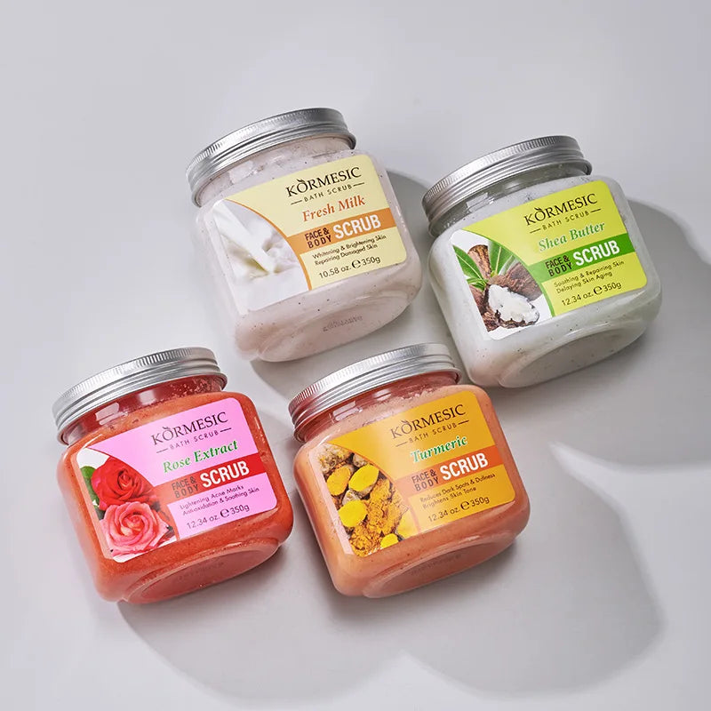 KORMESIC bath scrub jars set of 4 by Silcy Skin in Fresh Milk, Rose, Shea Butter, Turmeric on Tampa Home & Garden Store