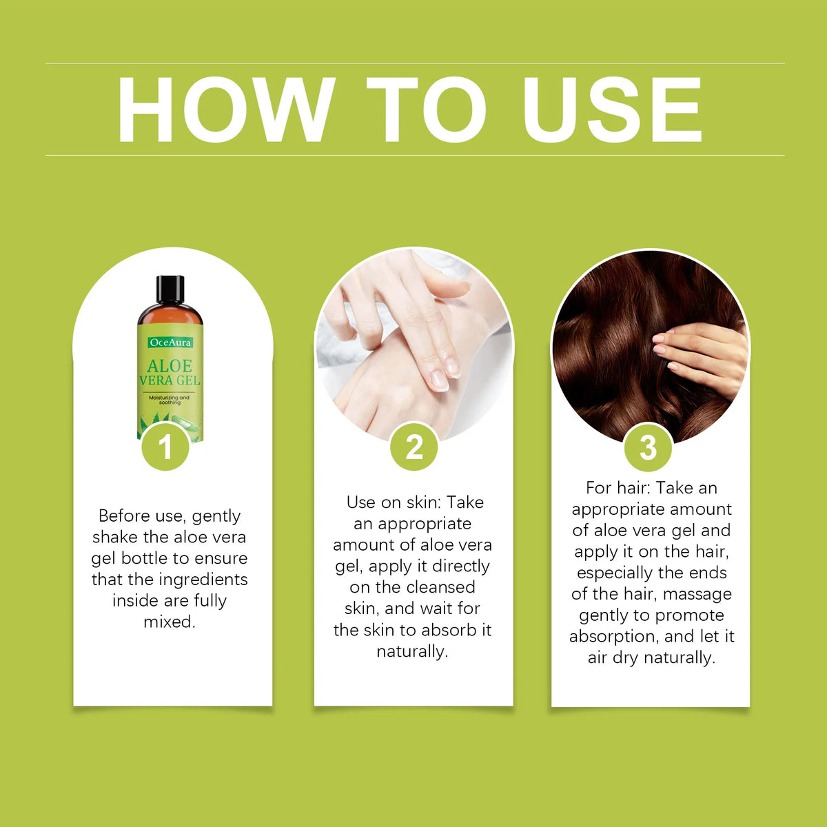 Aloe Vera Gel bottle (OceAura) with a 3-step how-to: prep bottle, apply to skin, and use on hair ends on Tampa Home & Garden Store