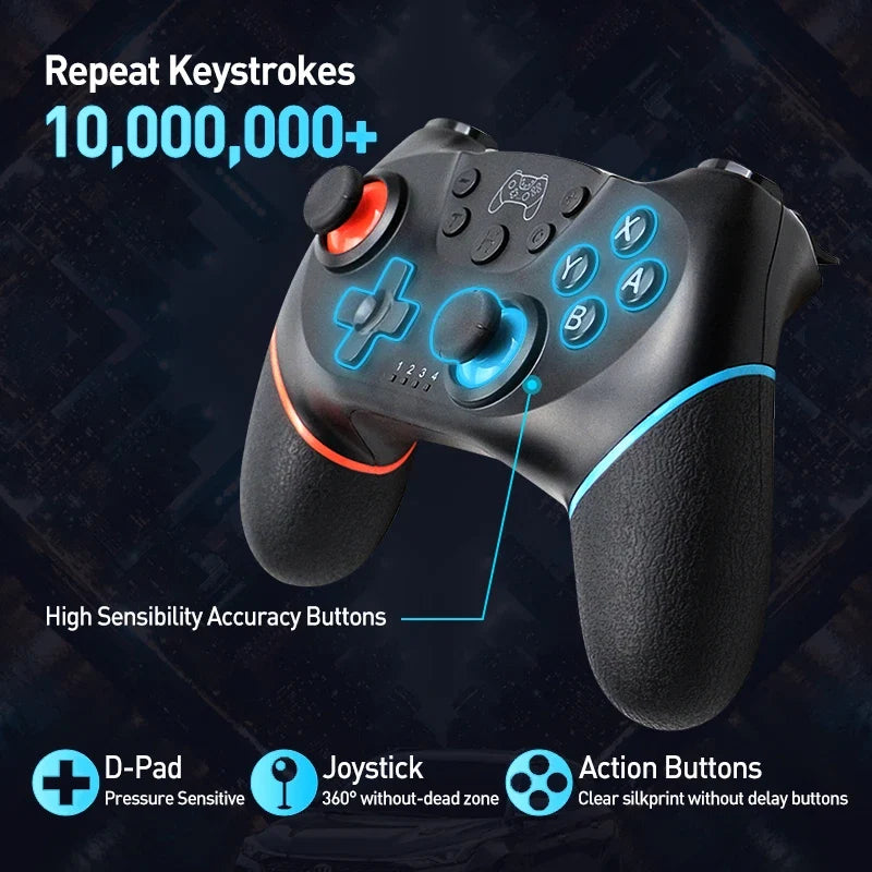 Wireless Bluetooth gamepad for Nintendo Switch & OLED, black controller with blue LED accents on Tampa Home & Garden Store