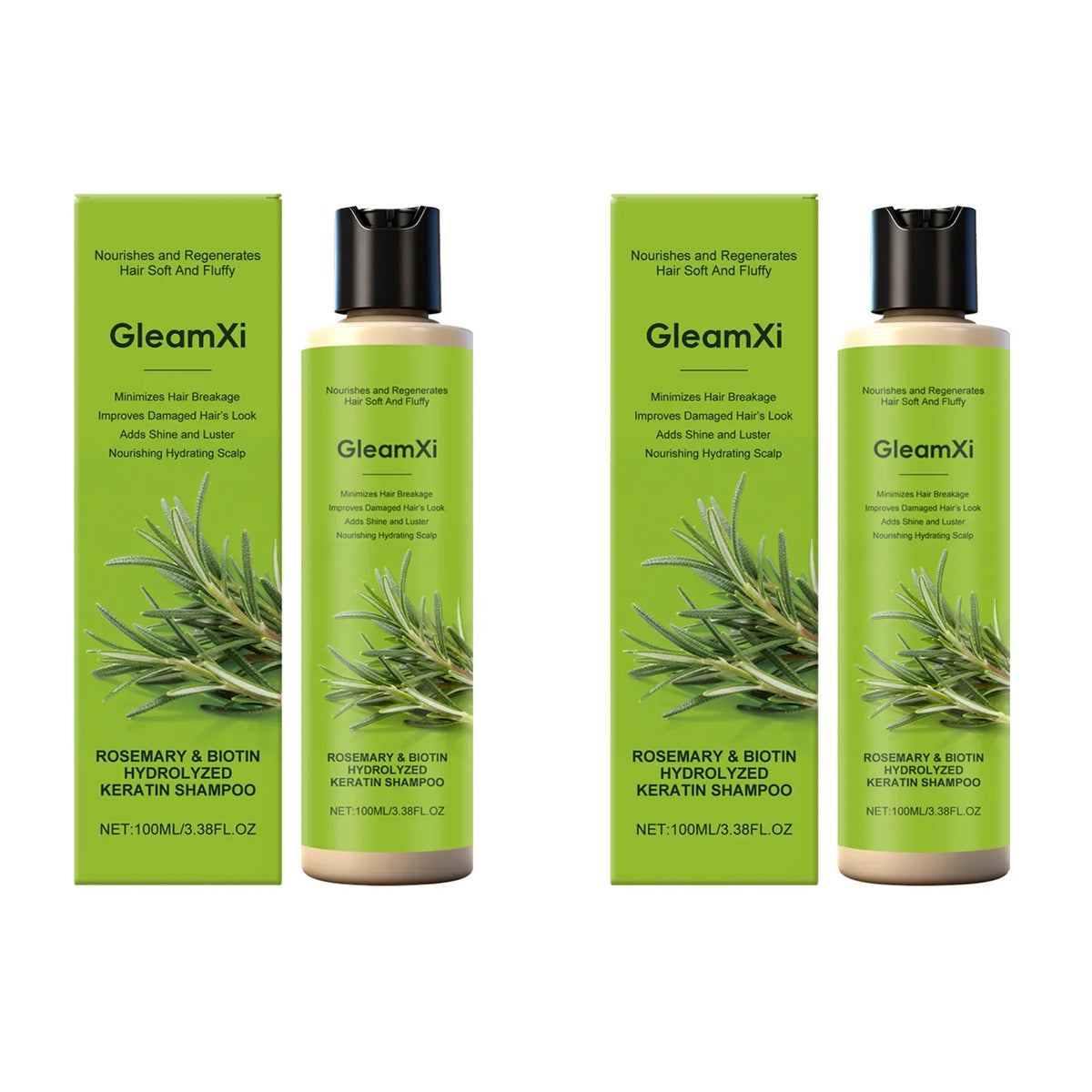 GleamXi rosemary & biotin keratin shampoo bottle with green box, 2pack, rosemary sprigs on Tampa Home & Garden Store