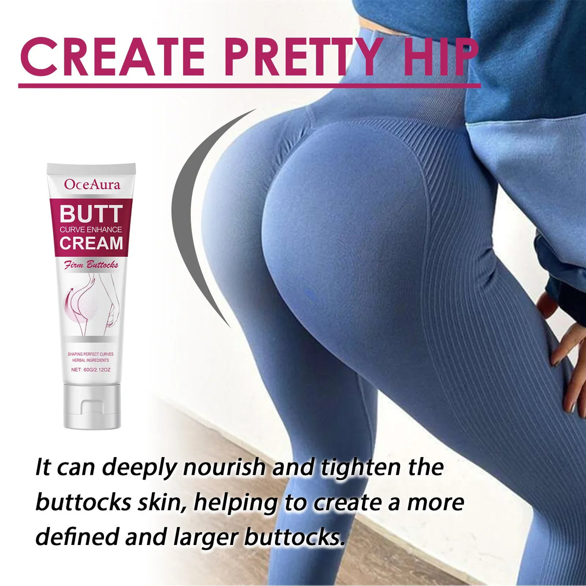 OceAura Butt Cream tube by Silcy Skin, magenta label, white cap, beside model in blue leggings on Tampa Home & Garden Store