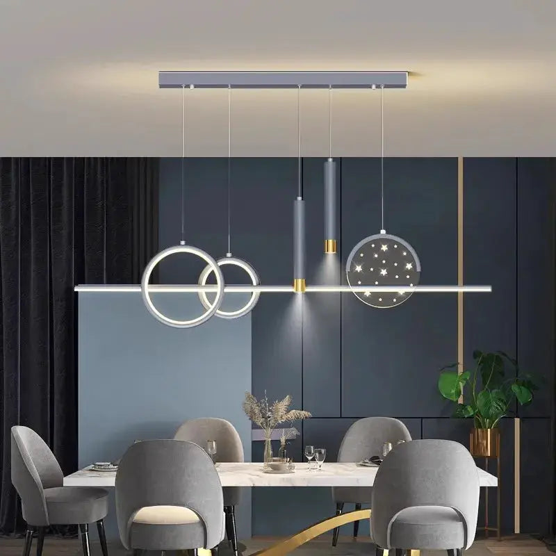 DecorBites LED pendant chandeliers with circular rings and perforated disk, silver finish on Tampa Home & Garden Store