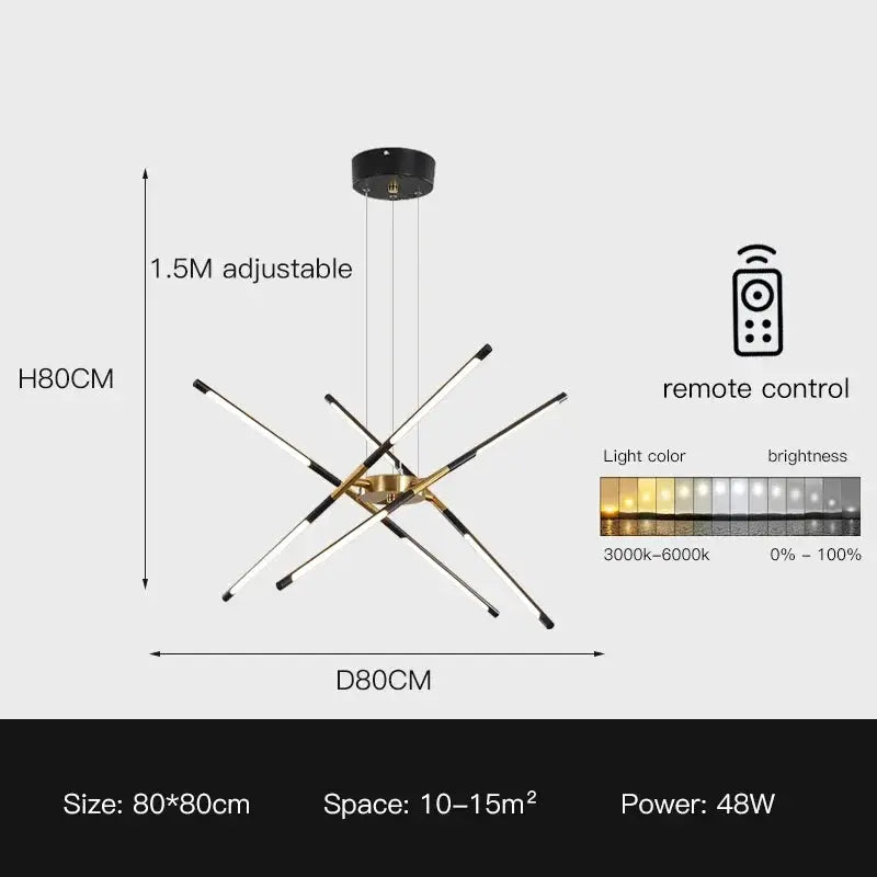 DecorBites Linen Ceiling Chandelier black gold LED cross-bar pendant lamp with remote 48W on Tampa Home & Garden Store