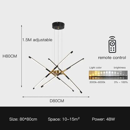 DecorBites Linen Ceiling Chandelier black gold LED cross-bar pendant lamp with remote 48W on Tampa Home & Garden Store