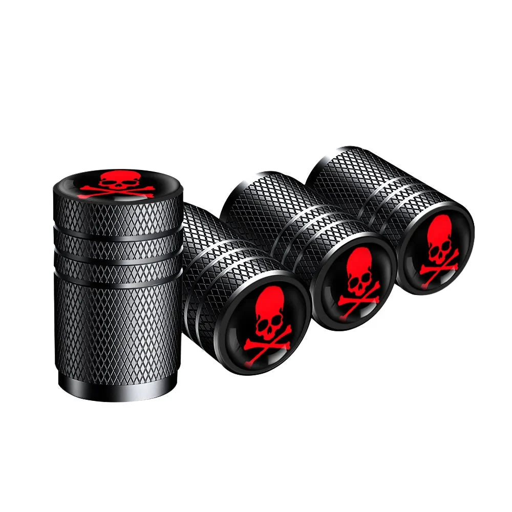 4pcs skull valve stem caps by BikerZoneZ, knurled black metal with red skull emblem on Tampa Home & Garden Store