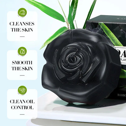 Silcy Skin Bamboo Charcoal Soap bar in a black rose shape with green plant backdrop and box on Tampa Home & Garden Store