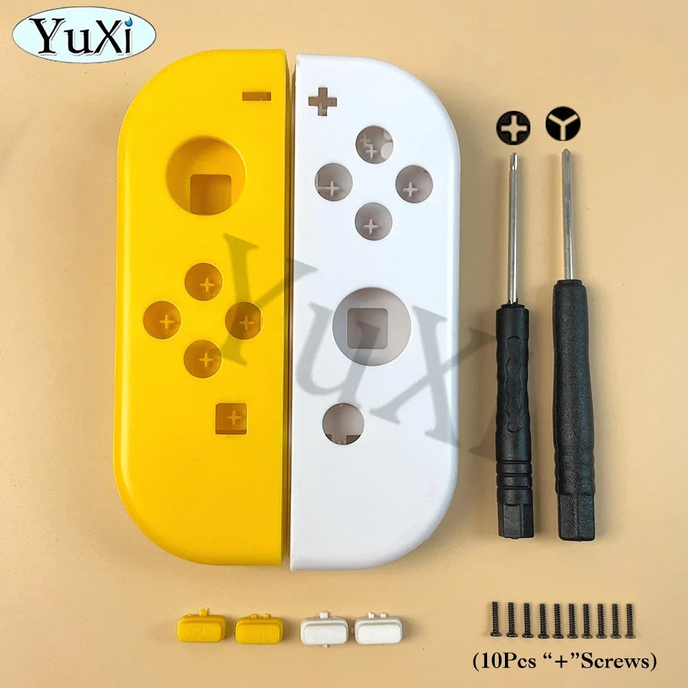 YuXi Switch Joy-Con shell set: yellow left, white right; includes 10 screws and 2 driver bits on Tampa Home & Garden Store