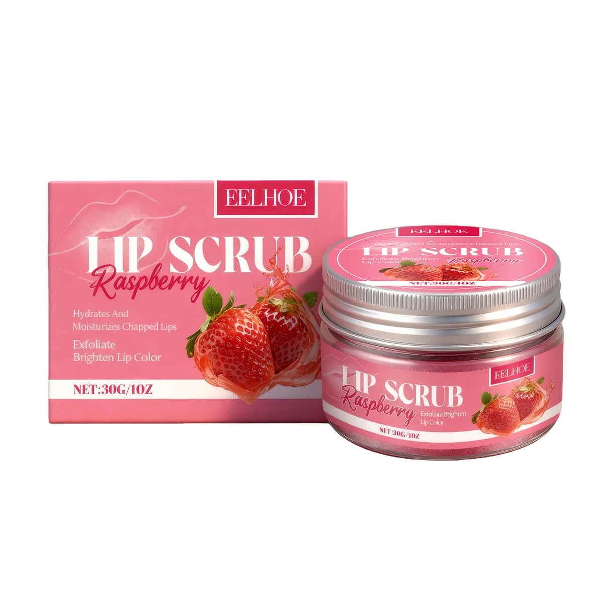 Lip Scrub Raspberry by EELHOE in pink jar and pink box two-item set with raspberry imagery on Tampa Home & Garden Store