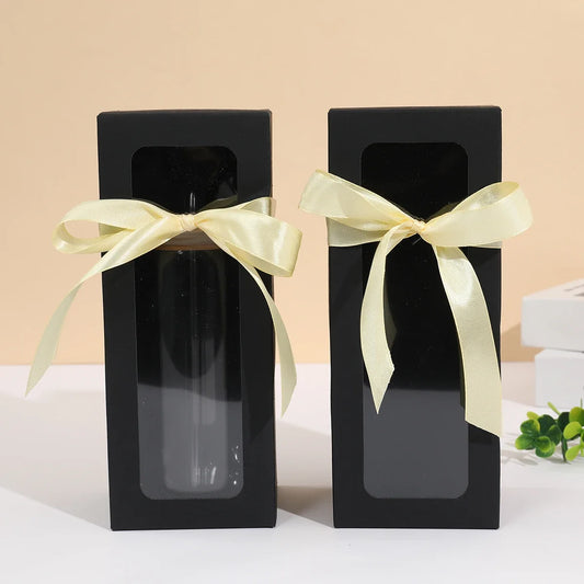 Perfecsy two black glass display gift boxes with windows, two jars inside, cream satin ribbons on Tampa Home & Garden Store