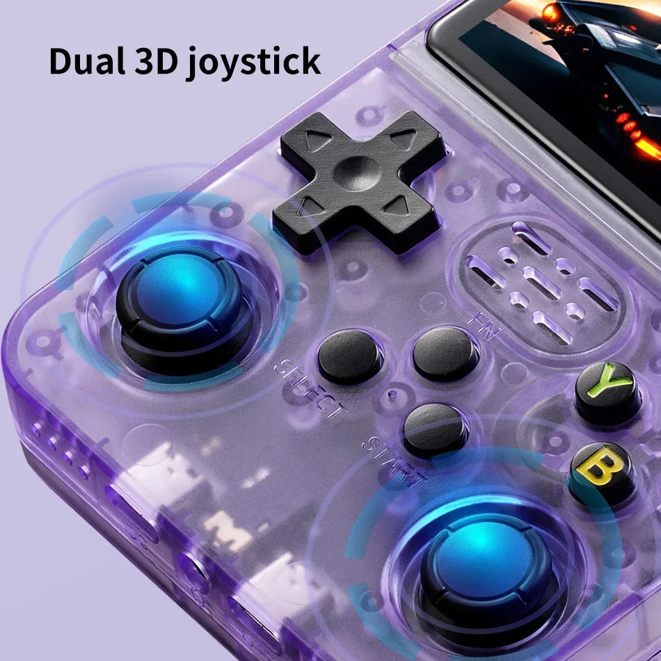 Purple translucent Mini R36S handheld retro game console with dual 3D joysticks and blue analog sticks on Tampa Home & Garden Store