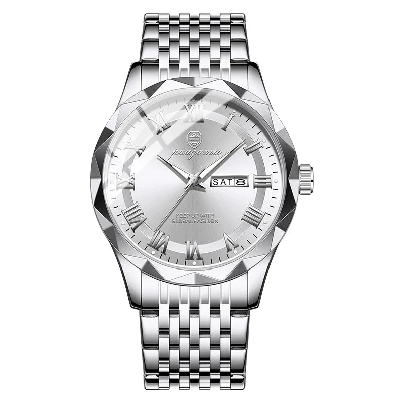 Men's minimalist quartz watch with stainless steel bracelet, silver dial and Roman numerals on Tampa Home & Garden Store