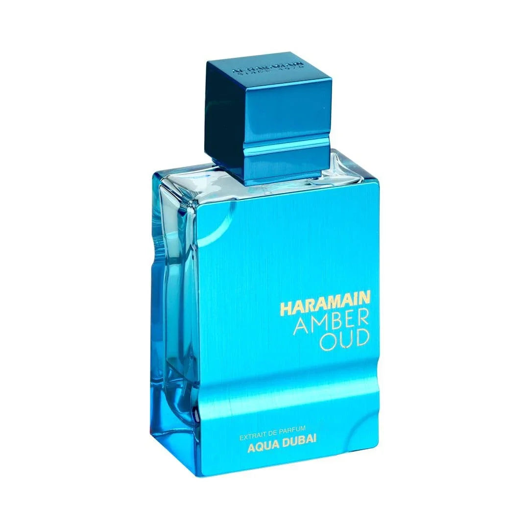 Al Haramain Amber Oud Aqua Dubai perfume bottle, blue glass bottle, unisex long lasting 2 oz on Tampa Home & Garden Store