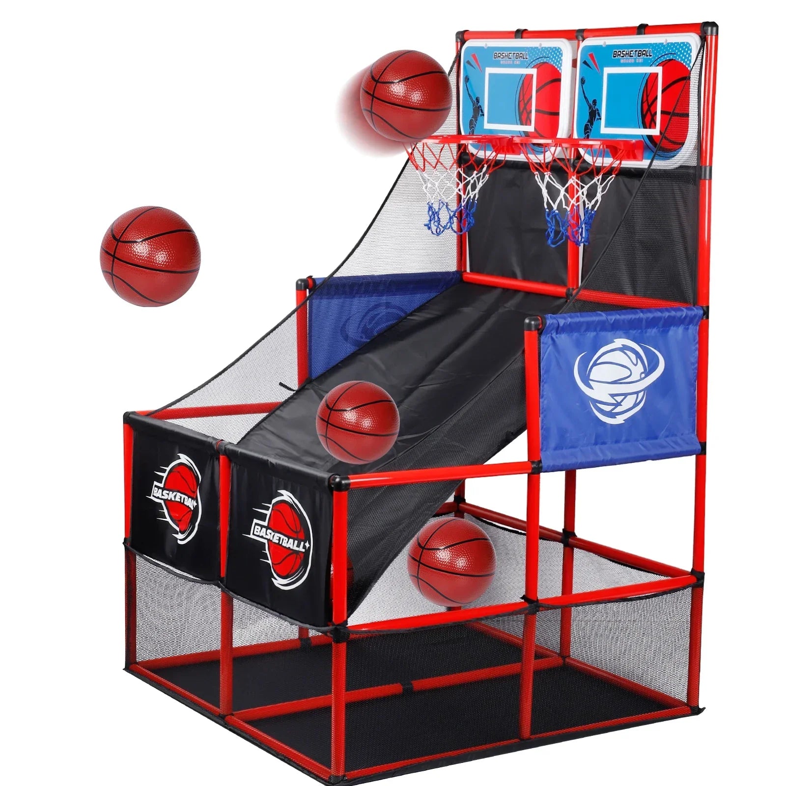 Arcade basketball game set with hoop, backboard, nets and 4 red balls; red frame, blue padding on Tampa Home & Garden Store