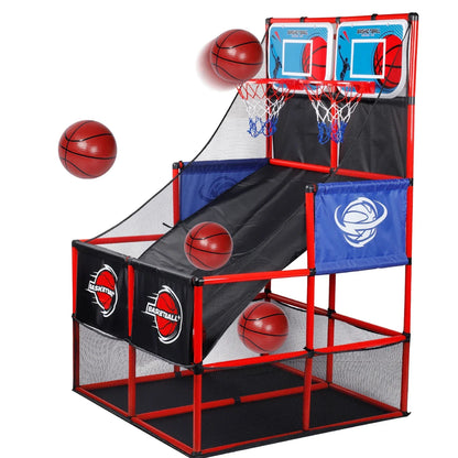 Arcade basketball game set with hoop, backboard, nets and 4 red balls; red frame, blue padding on Tampa Home & Garden Store