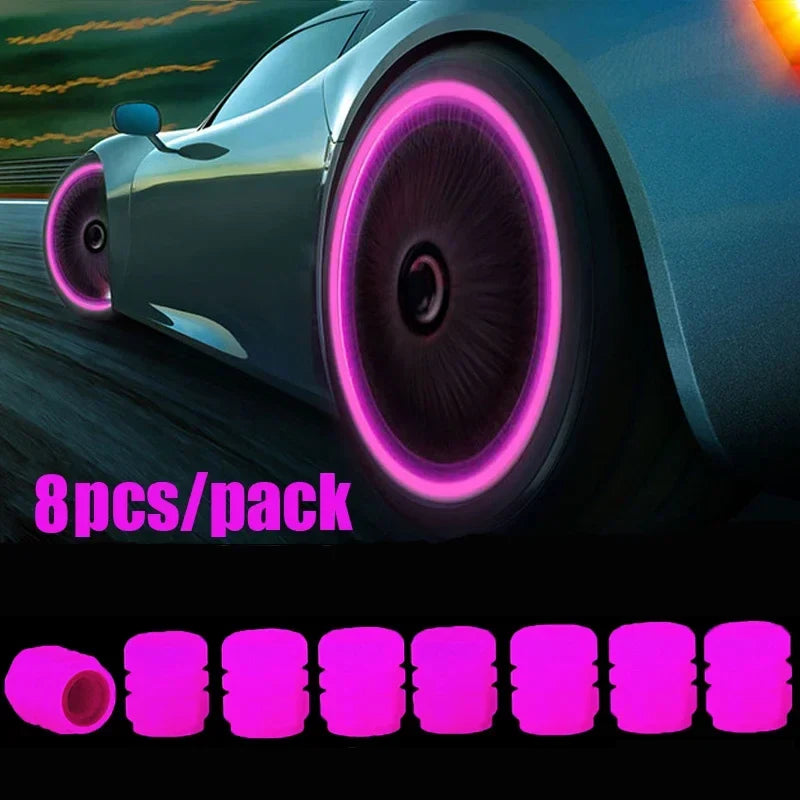 Luminous dustproof valve stem caps pink glow 8pc pack for car wheel valves BikerZoneZ on Tampa Home & Garden Store