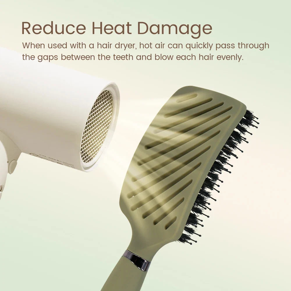 Silcy Skin 1PC Boar Bristle Detangling Hair Comb with hollow-out olive-green anti-static on Tampa Home & Garden Store