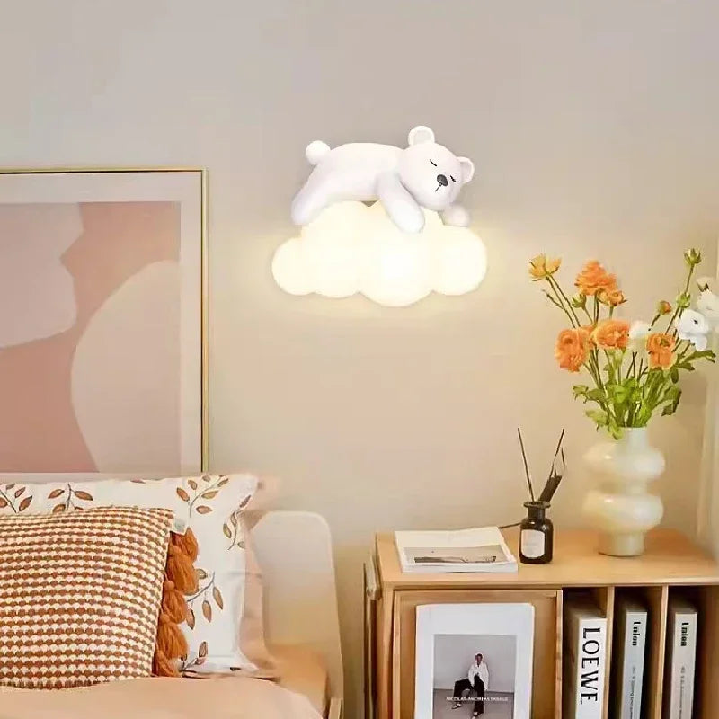 DecorBites Kids LED Bear Wall Lamp white plush bear perched on a glowing cloud night light on Tampa Home & Garden Store