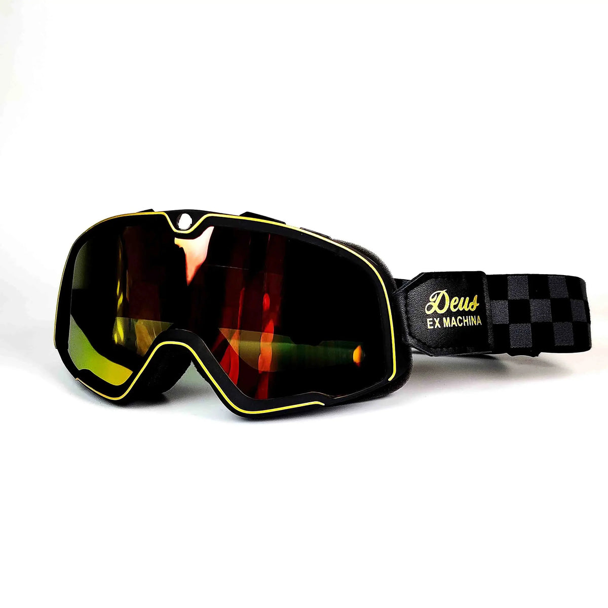Retro Goggles Motocross neon yellow frame with mirrored red lenses strap branded Deus Ex Machina on Tampa Home & Garden Store