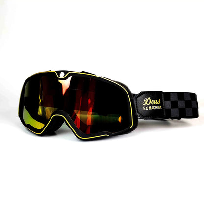 Retro Goggles Motocross neon yellow frame with mirrored red lenses strap branded Deus Ex Machina on Tampa Home & Garden Store