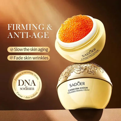 Sadoer caviar DNA Sodium collagen firming cream with orange pearl caviar top and gold jar on Tampa Home & Garden Store