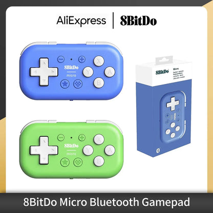 8BitDo Micro Bluetooth Gamepad blue with white buttons; packaging box beside on Tampa Home & Garden Store