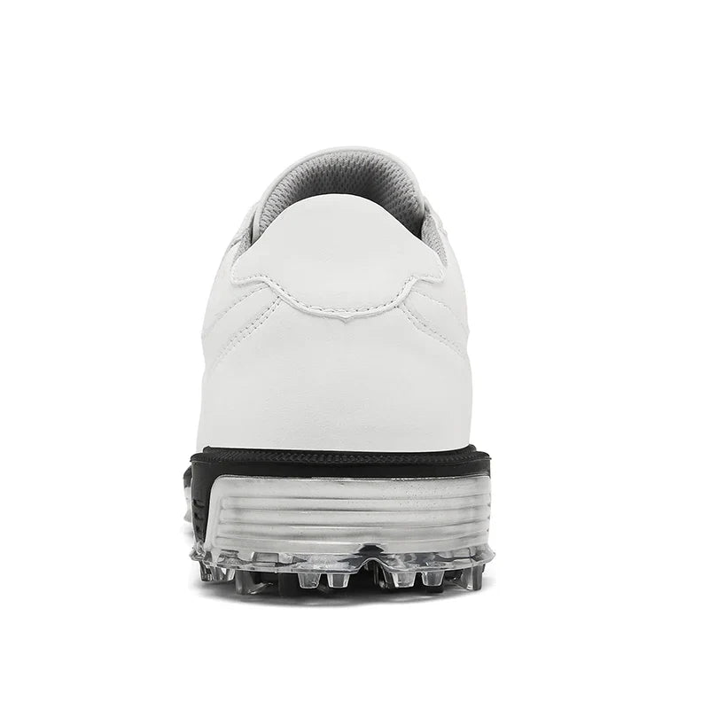 Men's golf shoes white waterproof upper with clear spiked outsole rear view on Tampa Home & Garden Store