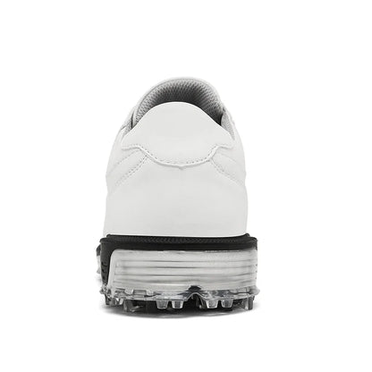 Men's golf shoes white waterproof upper with clear spiked outsole rear view on Tampa Home & Garden Store