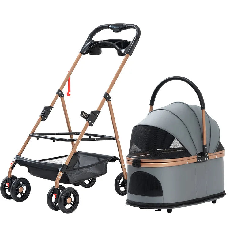 Pet Zen 3-in-1 Folding Pet Stroller with Detachable Carrier, tan frame and gray carrier on Tampa Home & Garden Store