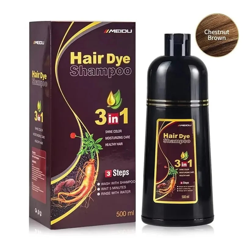 Meidu Hair Dye Shampoo 3 in 1 Chestnut Brown, 500 ml bottle and box on Tampa Home & Garden Store