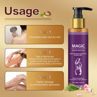 Magic Luxury Body Oil bottle by Silcy Skin with gold pump beside Step 1-3 usage panels on Tampa Home & Garden Store