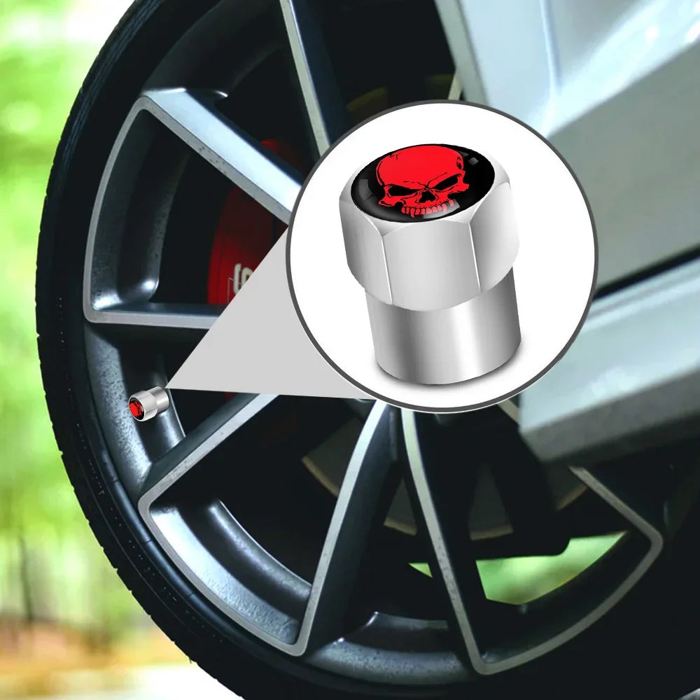 Valve stem caps 4Pcs set by BikerZoneZ, silver metal with red skull top on Tampa Home & Garden Store