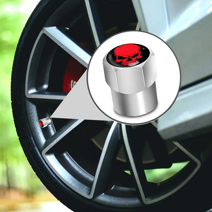 Valve stem caps 4Pcs set by BikerZoneZ, silver metal with red skull top on Tampa Home & Garden Store