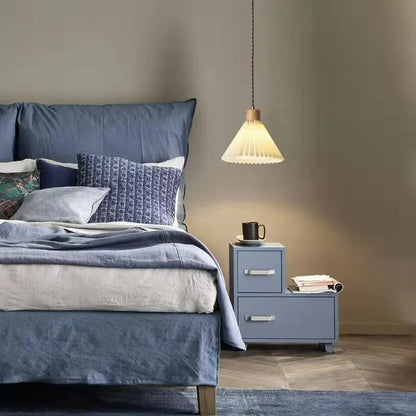 Retro pleated fabric pendant light Perfecsy with wood top over blue nightstand on Tampa Home & Garden Store