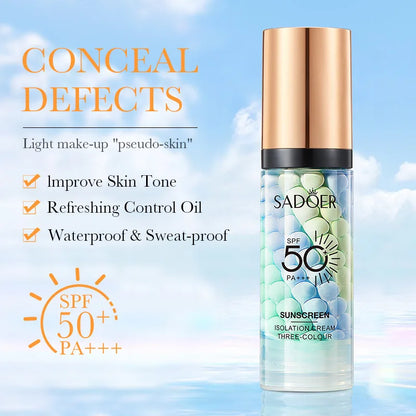 Silcy Skin tri-color face makeup primer in a clear bottle with rose-gold cap, SPF 50+, 40g on Tampa Home & Garden Store