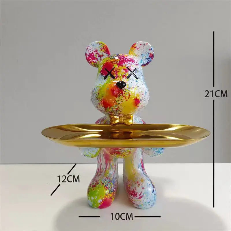Perfecsy graffiti bear ornament with gold tray, colorful splatter finish, 21cm tall on Tampa Home & Garden Store